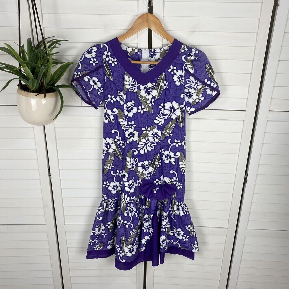 NWOT Island Aloha Wear Purple Hawaiian Hibiscus Floral Dress Surfboards Girls‎ 8